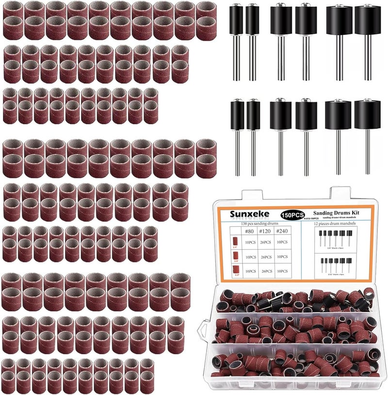 Sunxeke Sanding Drum Set for Dremel Rotary Tools-Includes 138 Aluminum Oxide Sanding Sleeves for Drum Sanders (80,120,240 Grit) and 12 Drum Mandrels-Sanding Bits Tool Accessories with Box - Image 1
